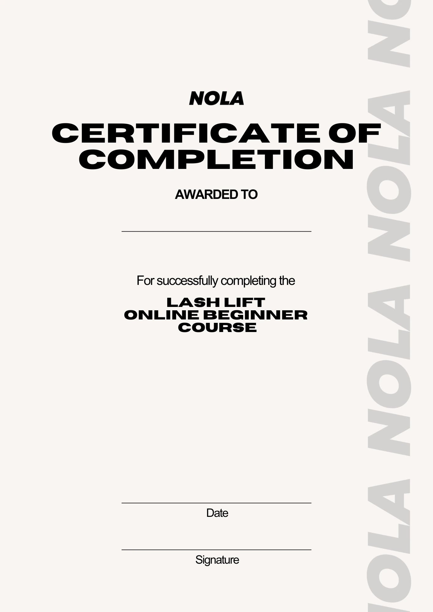 Example of a NOLA Academy Certificate of Completion