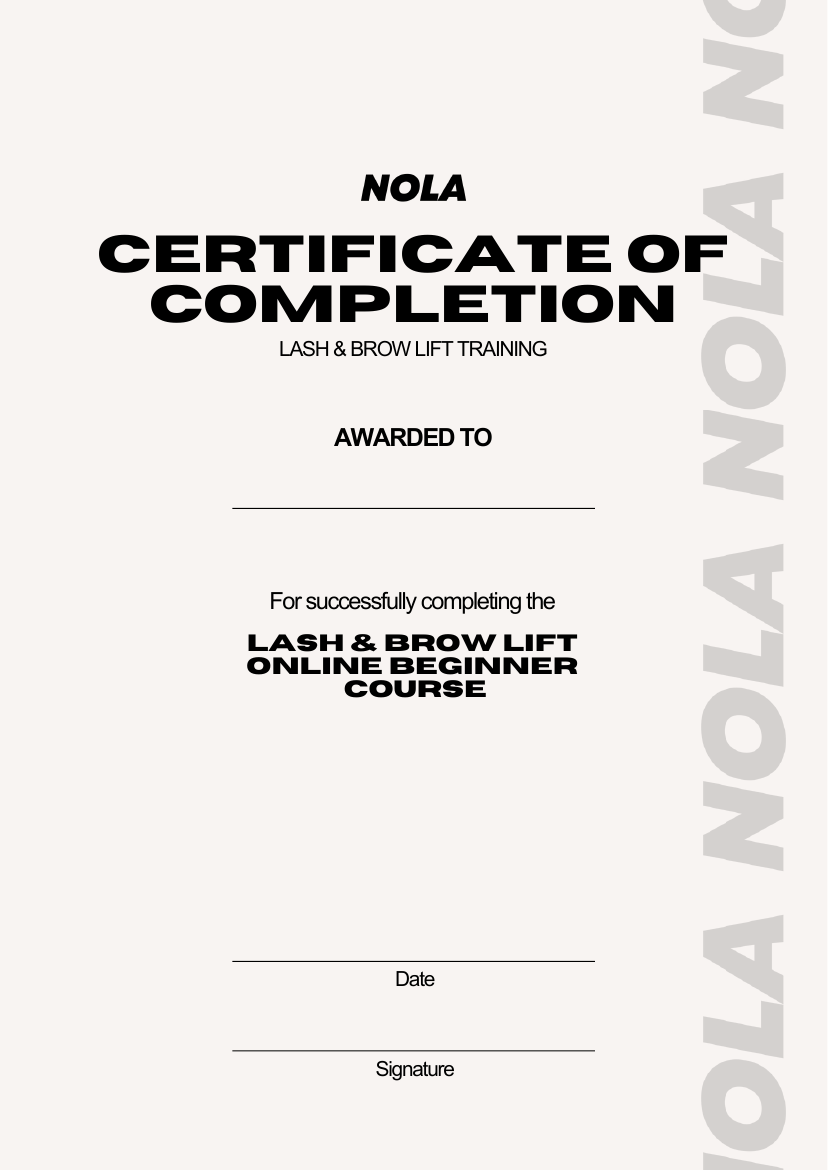 Lash and Brow Lift Certificate of Completion from NOLA Beauty Academy