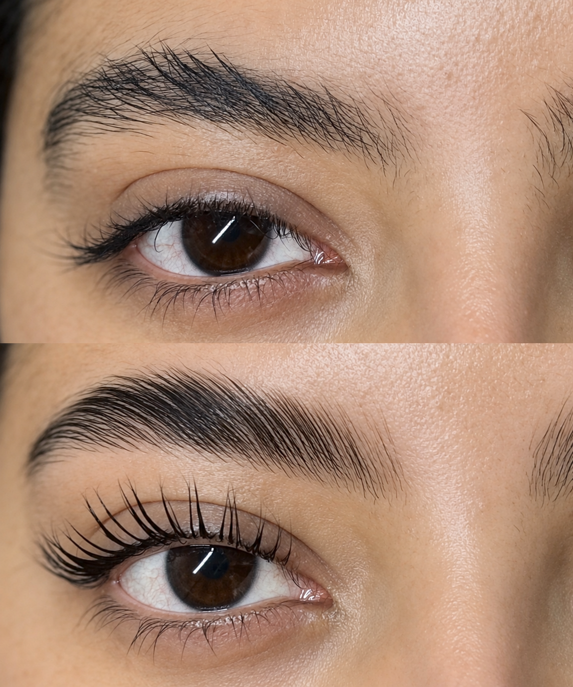 Before and after Lash and Brow Lift result showing one eye and eyebrow