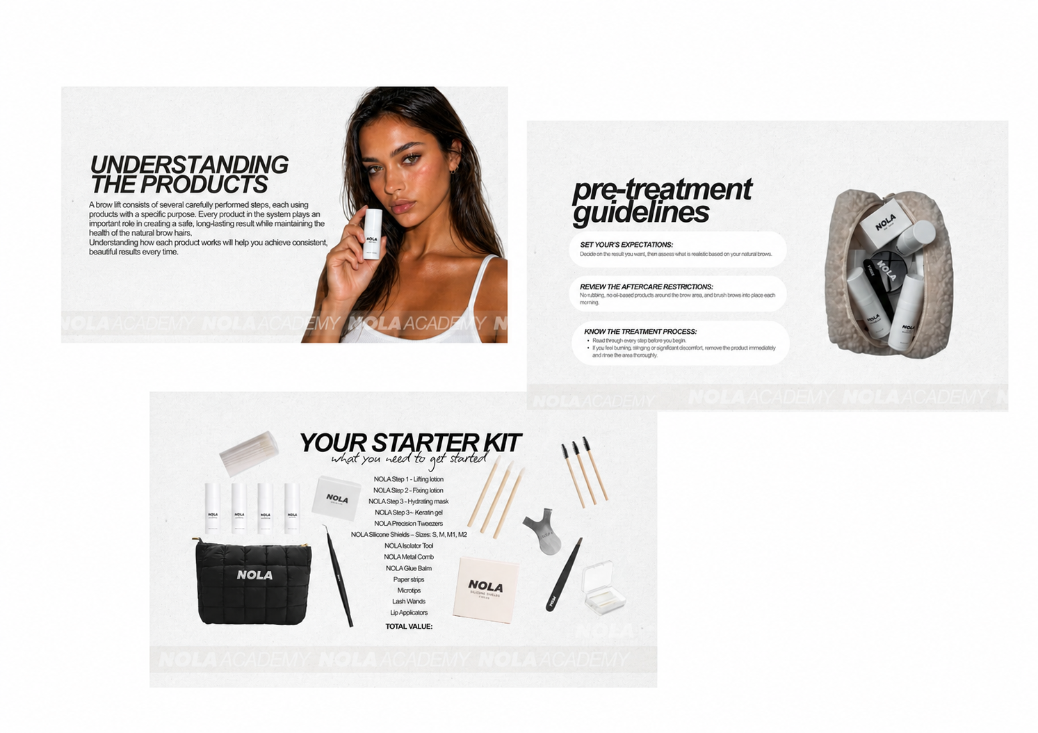 Three NOLA Academy course slides covering product knowledge, pre-treatment guidelines and the Starter Kit